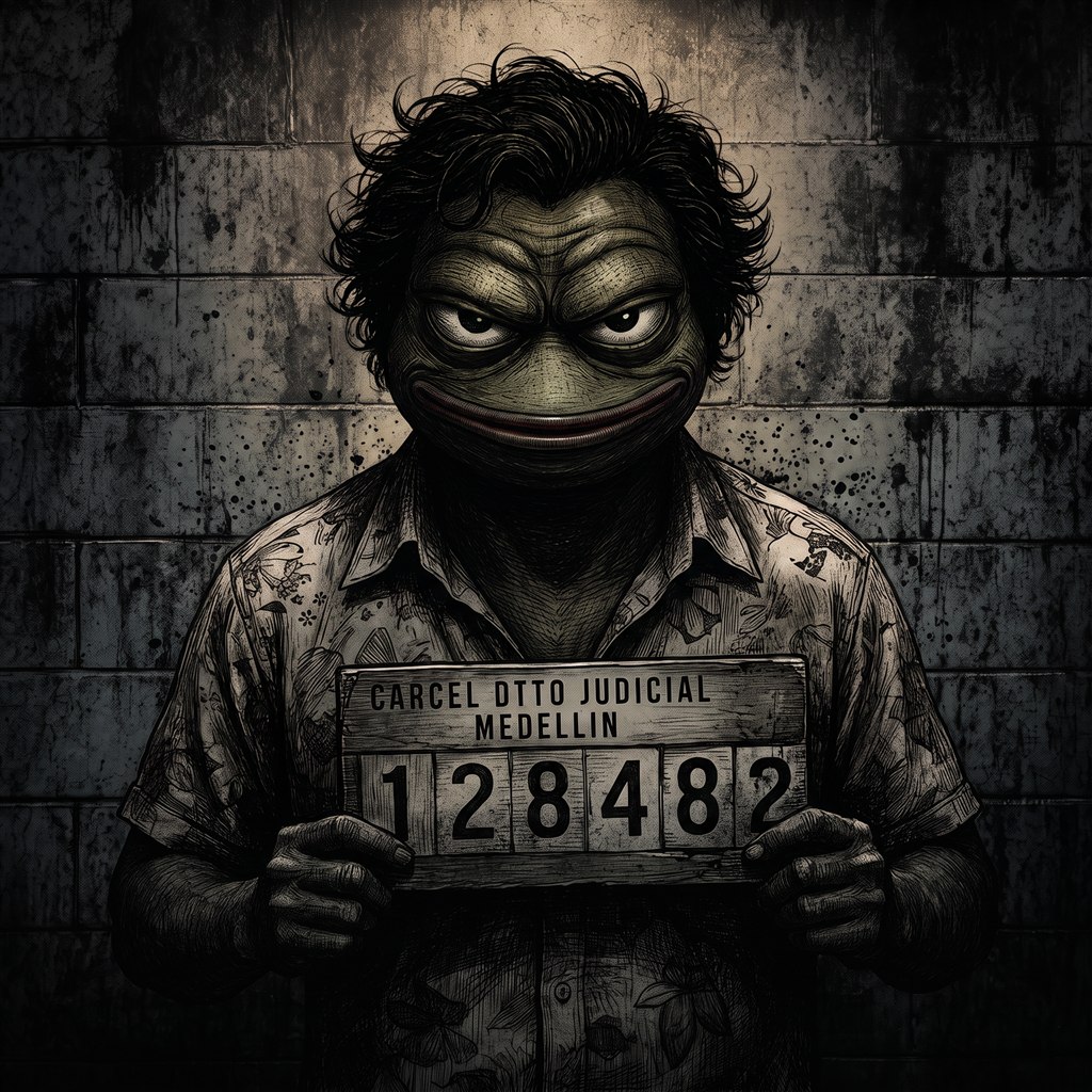 Young PEPE Escobar holding a Medellin mugshot board